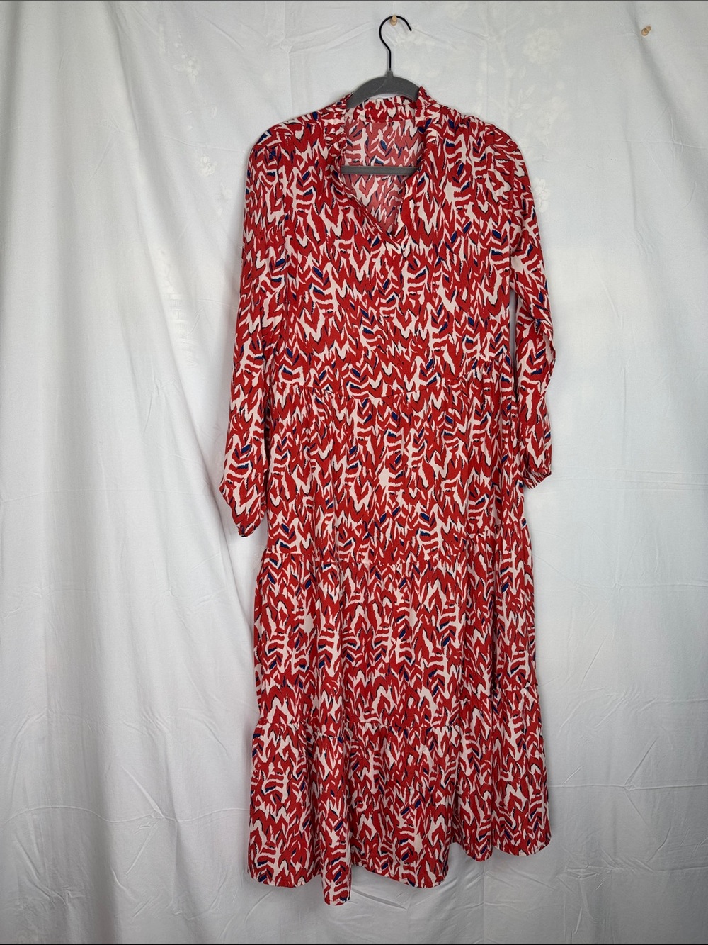 Red/Orange Printed V-Neck Women's Midi Dress With White and Blue Designs